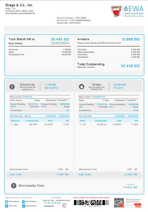 Bahrain EWA business utility bill Word and PDF template PSD template